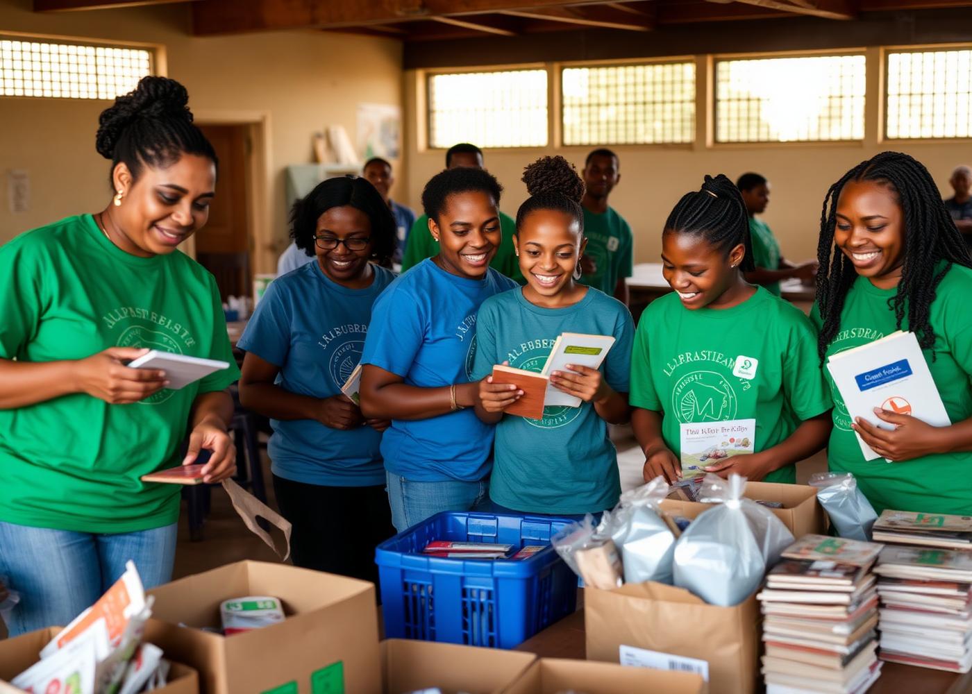 Community volunteers assembling literacy and meal kits