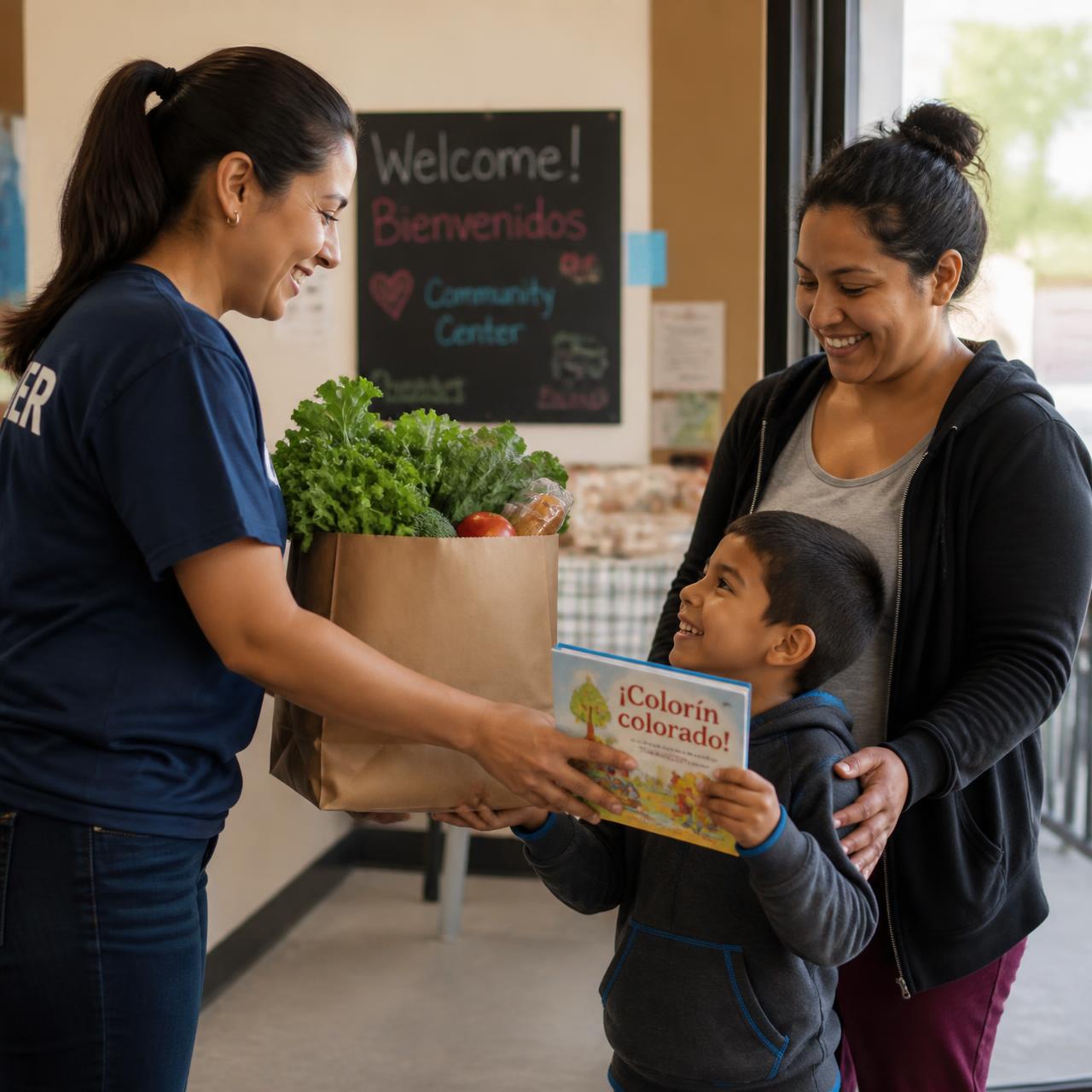Smiling volunteer handing a bag of fresh groceries and a children's book to a mother and child at a community center