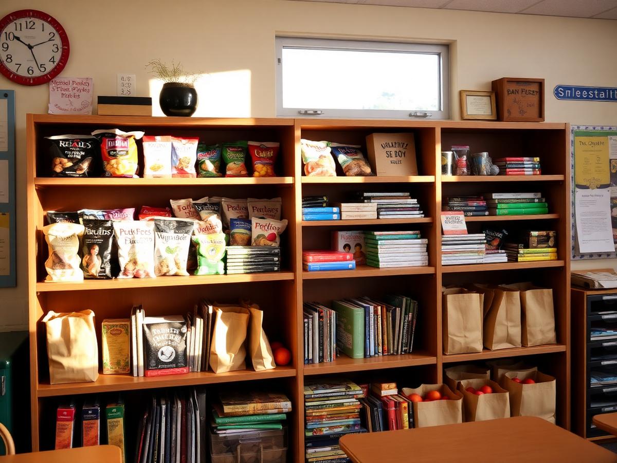 A classroom pantry stocked with food and books for students
